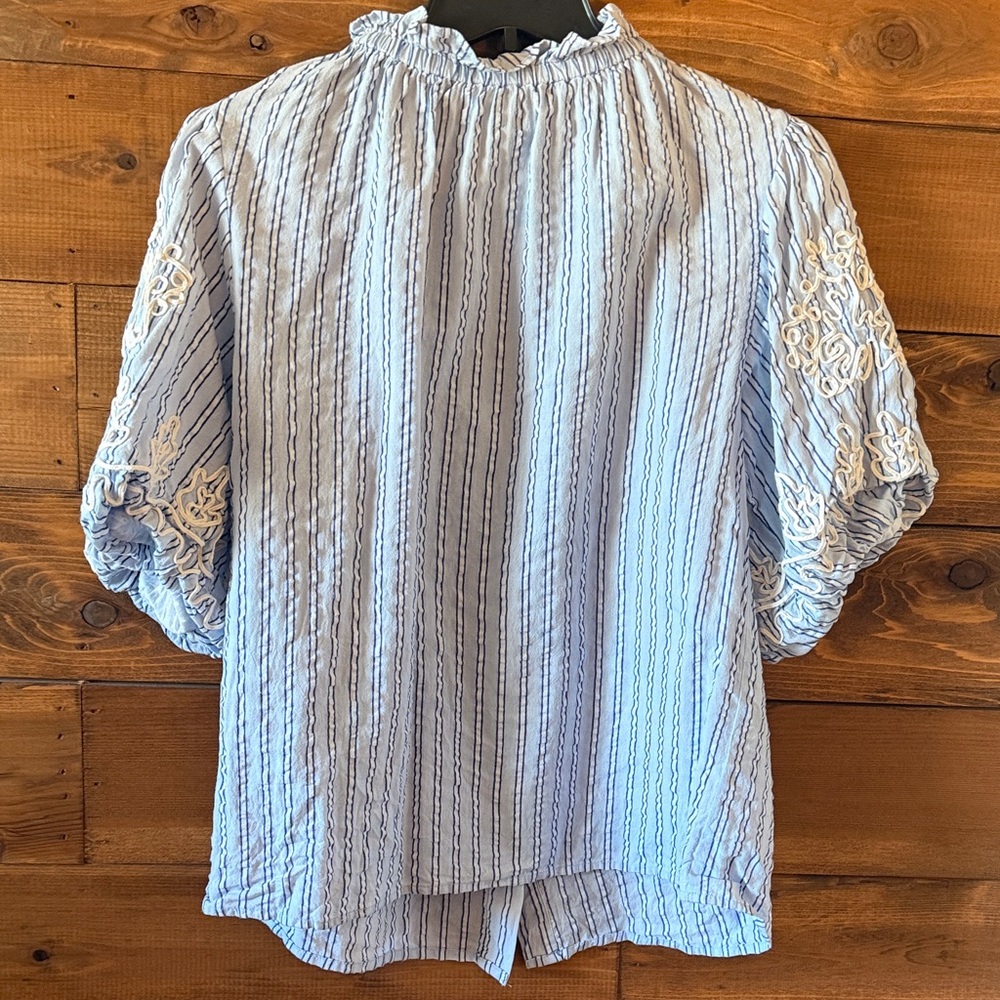 THML Light Blue Striped Puff Sleeve Blouse with White Embroidery